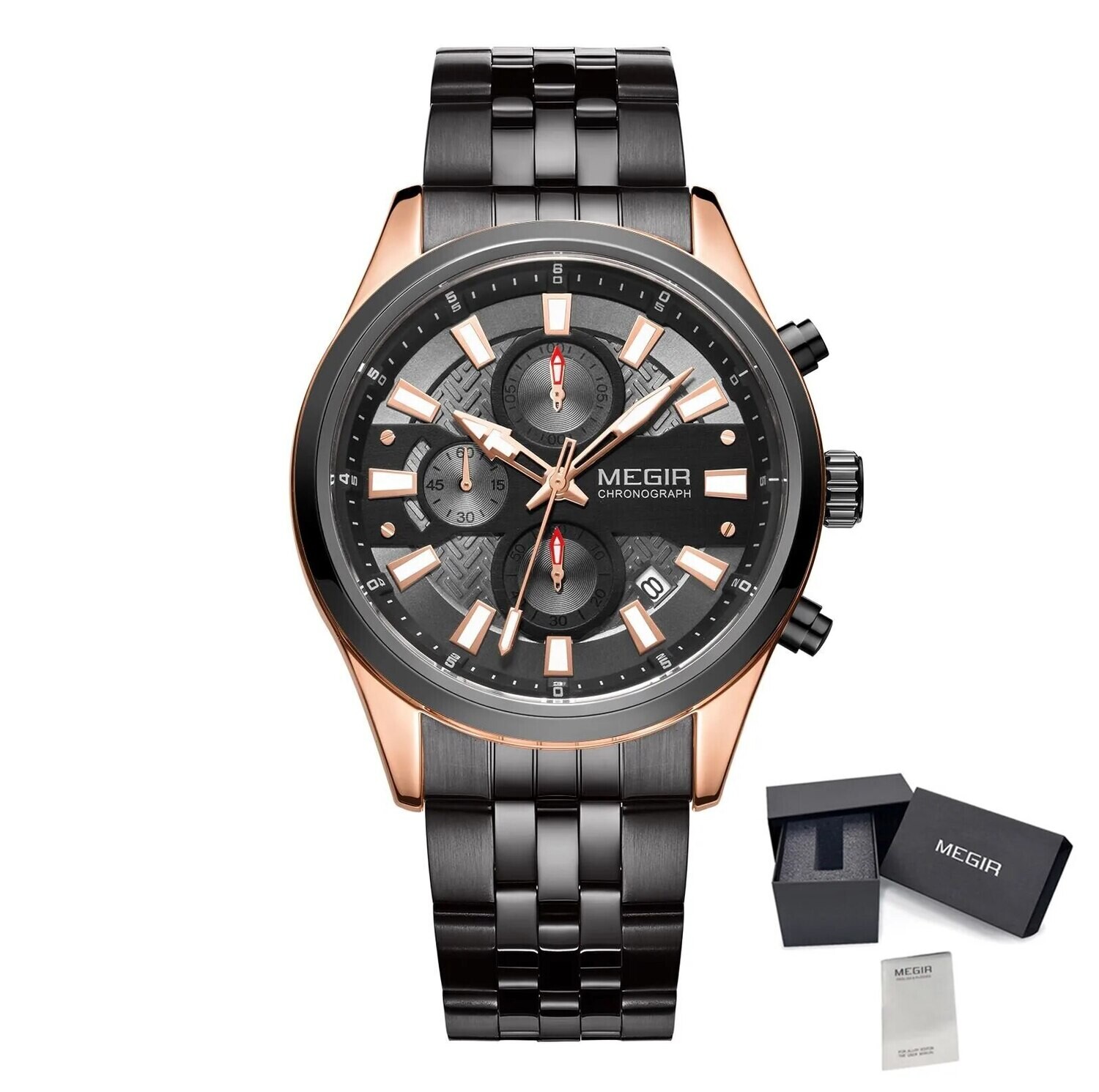 MEGIR Fashion Men Watches Luxury Business Wristwatch Stainless Steel Quartz Watch Calendar Luminous Man Clock Relogio Masculino 2154, Color: Rose Black
