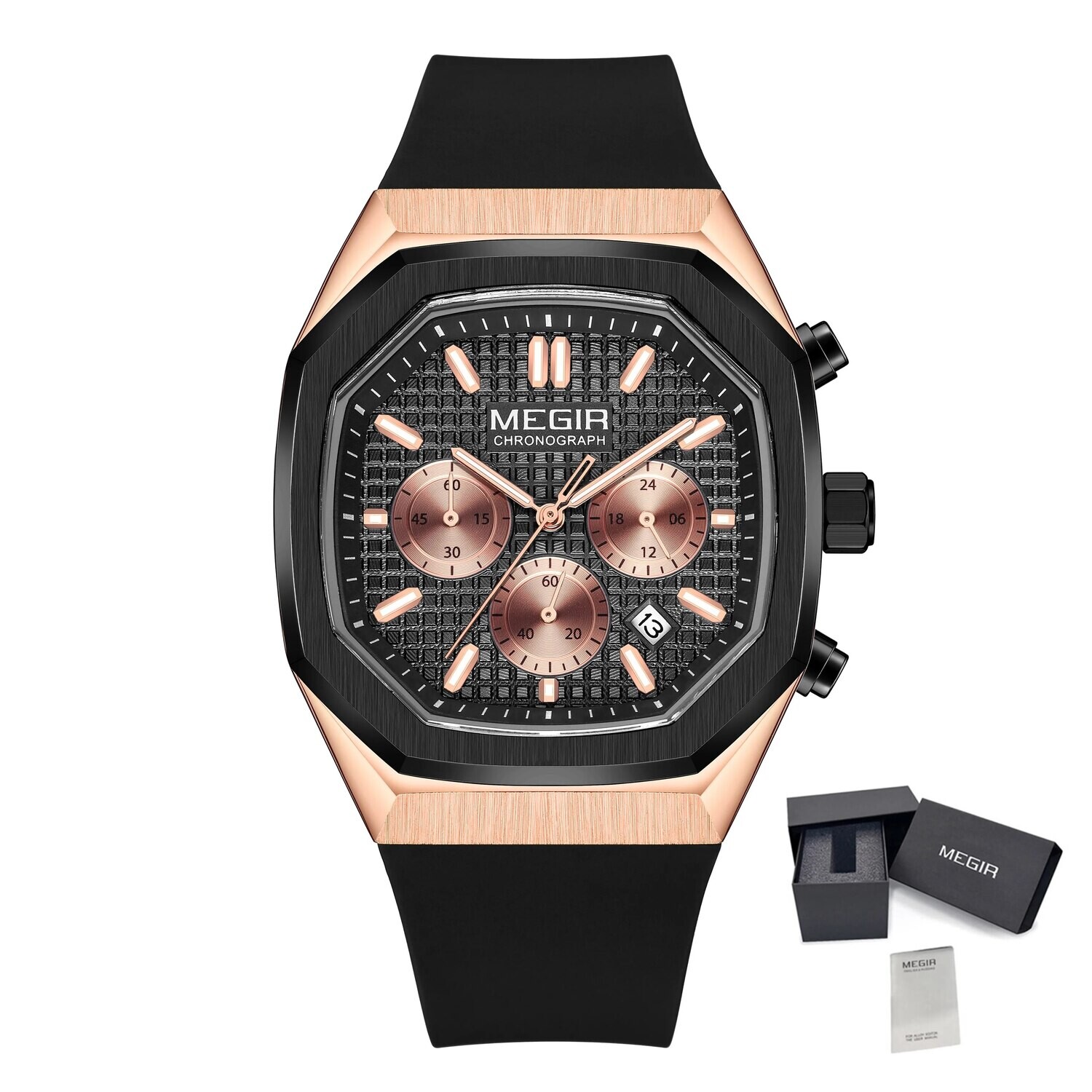MEGIR Fashion Sport Military Watches for Men Luxury Quartz Wristwatch Silicone Strap Waterproof Date Clock 24-hour Reloj Hombre 2215, Color: Rose Black
