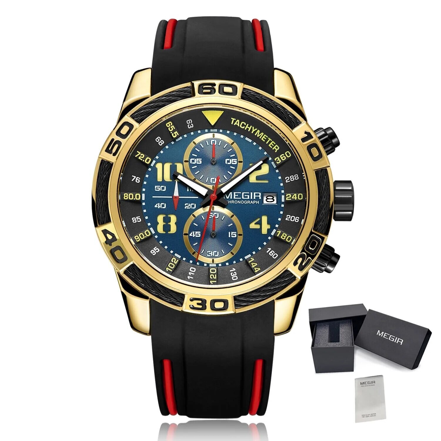 MEGIR Fashion Sports Watches for Men Luxury Quartz Casual Wristwatch Silicone Strap Man Chronograph Clock Relogio Masculino 2045, Color: Gold Black
