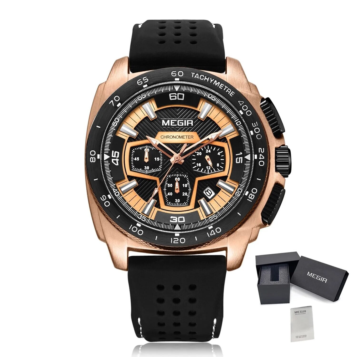MEGIR Chronograph Men Sport Watches Fashion Silicone Strap Military Quartz Wristwatch Clock Relogio Masculino 2056, Color: Rose Black