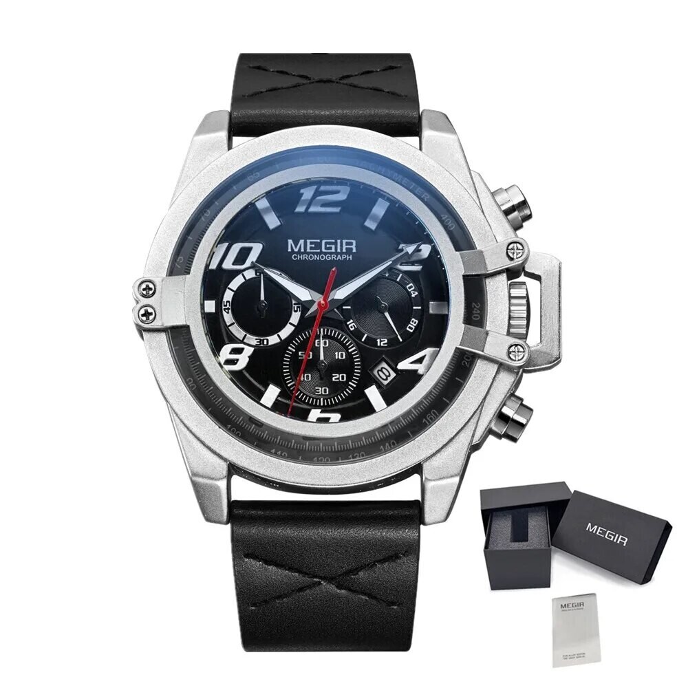 MEGIR Fashion Men Watches Leather Strap Sport Watch Chronograph Waterproof Quartz Wristwatch Clock Relogio Masculino 2052, Color: Silver Black