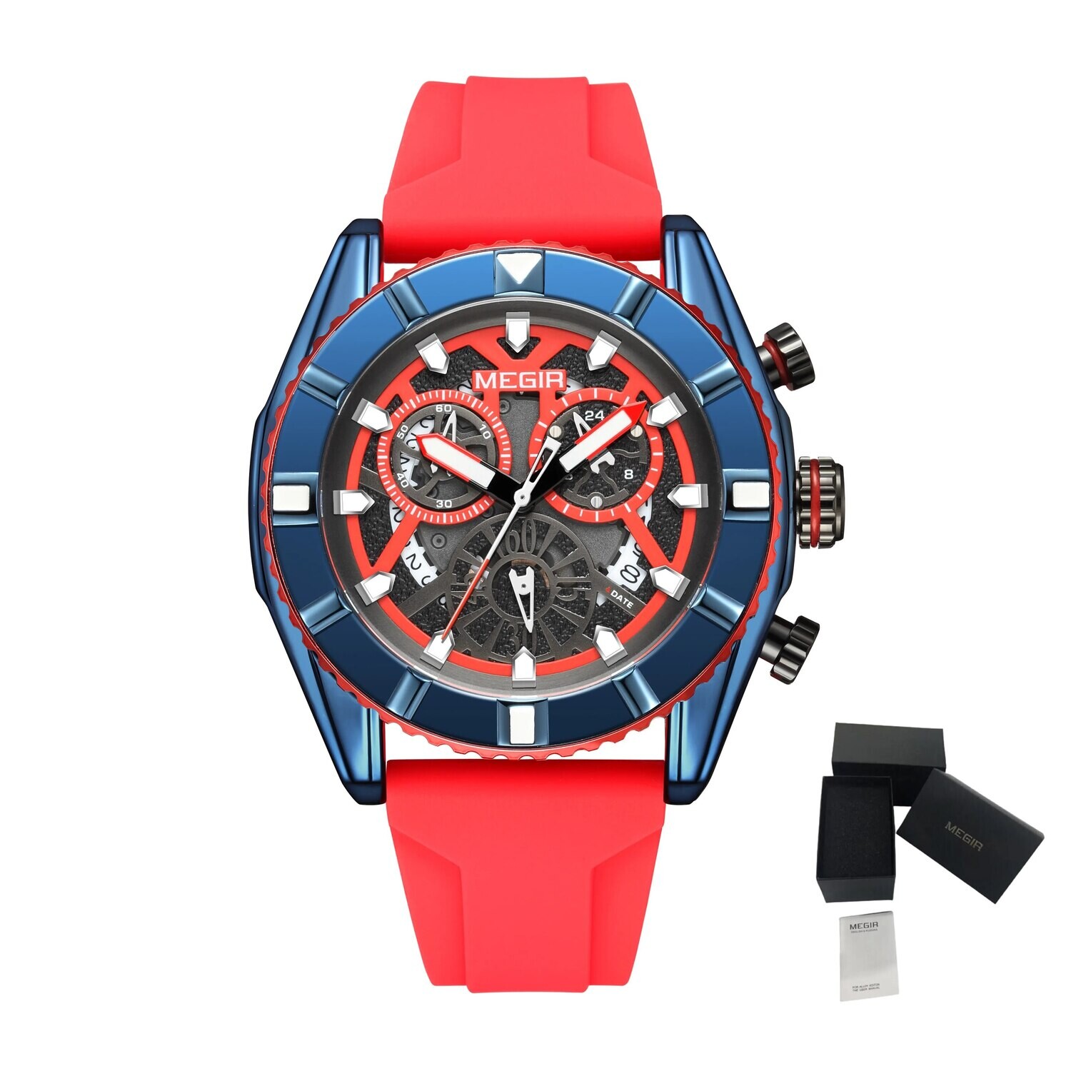 MEGIR Fashion Military Sports Watches for Men Silicone Waterproof Quartz Wristwatches with Chronograph Clock Date 24-hour 2209, Color: Red