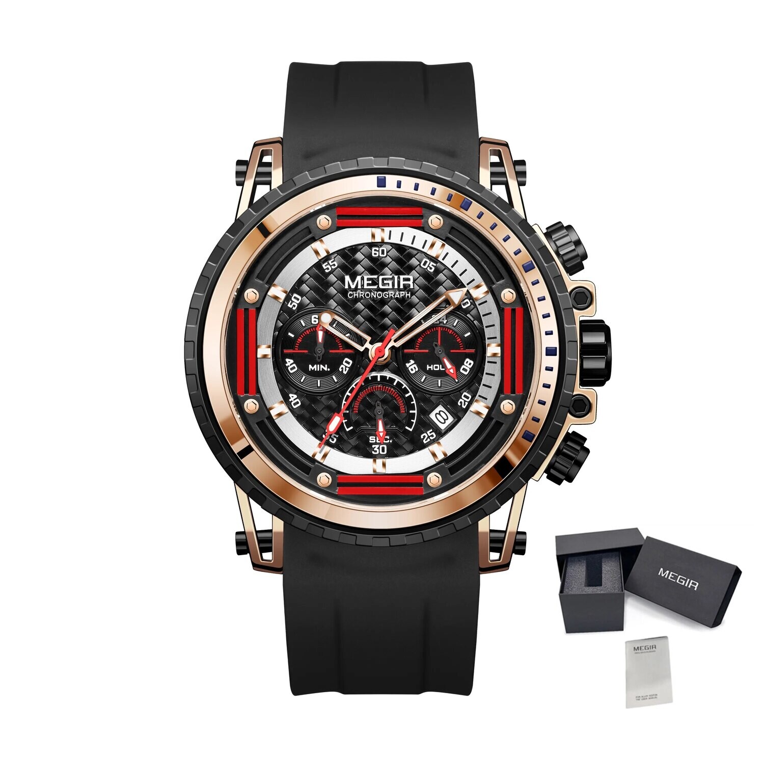 MEGIR Men's Sports Military Watches Fashion Luxury Quartz Wristwatch Silicone Strap Waterproof Chronograph Luminous Male Clock 2143, Color: Rose Black