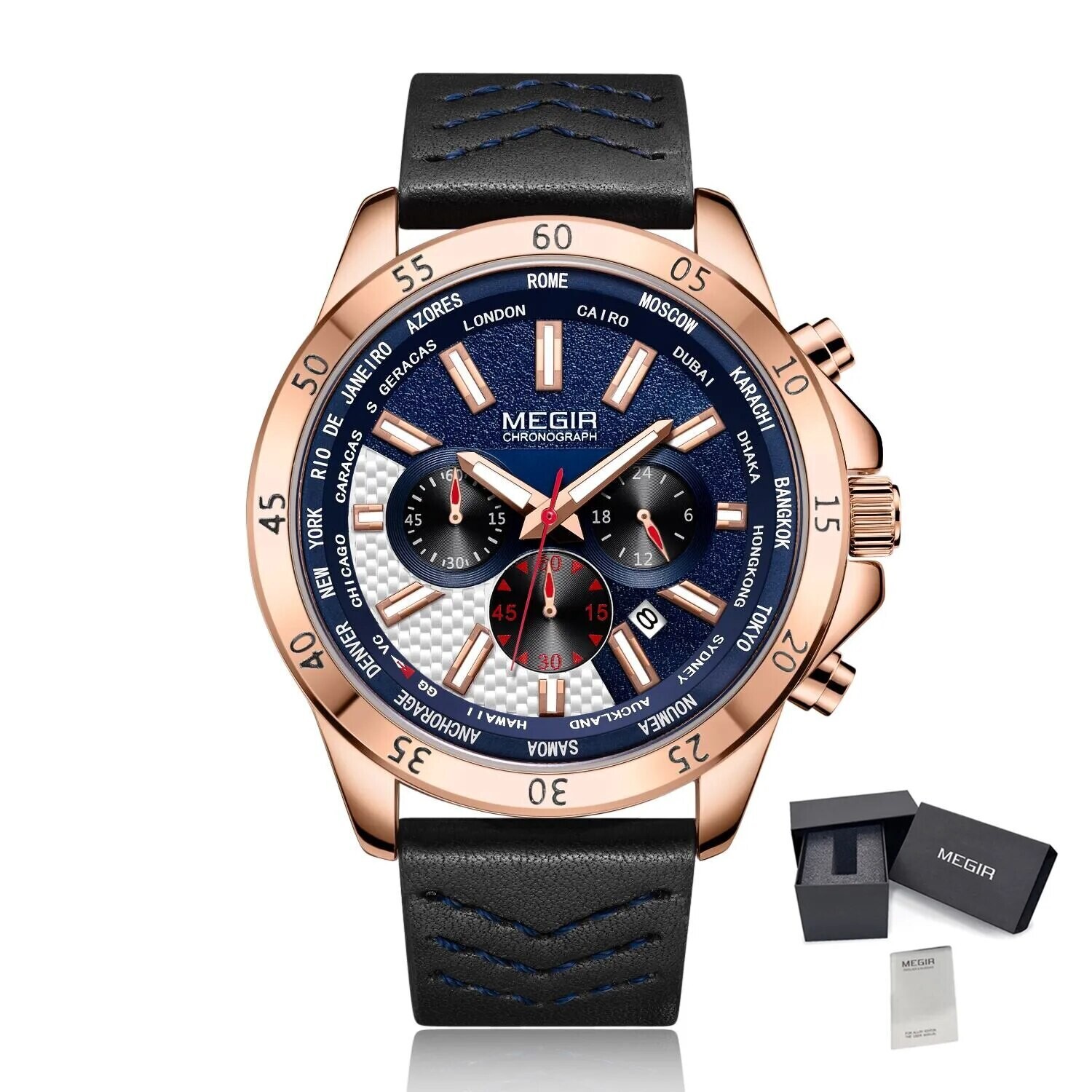 MEGIR Men Sport Watch Luxury Leather Strap Casual Quartz Chronograph Waterproof Luminous Male Wristwatch Relogio Masculino 2103, Color: Rose Black