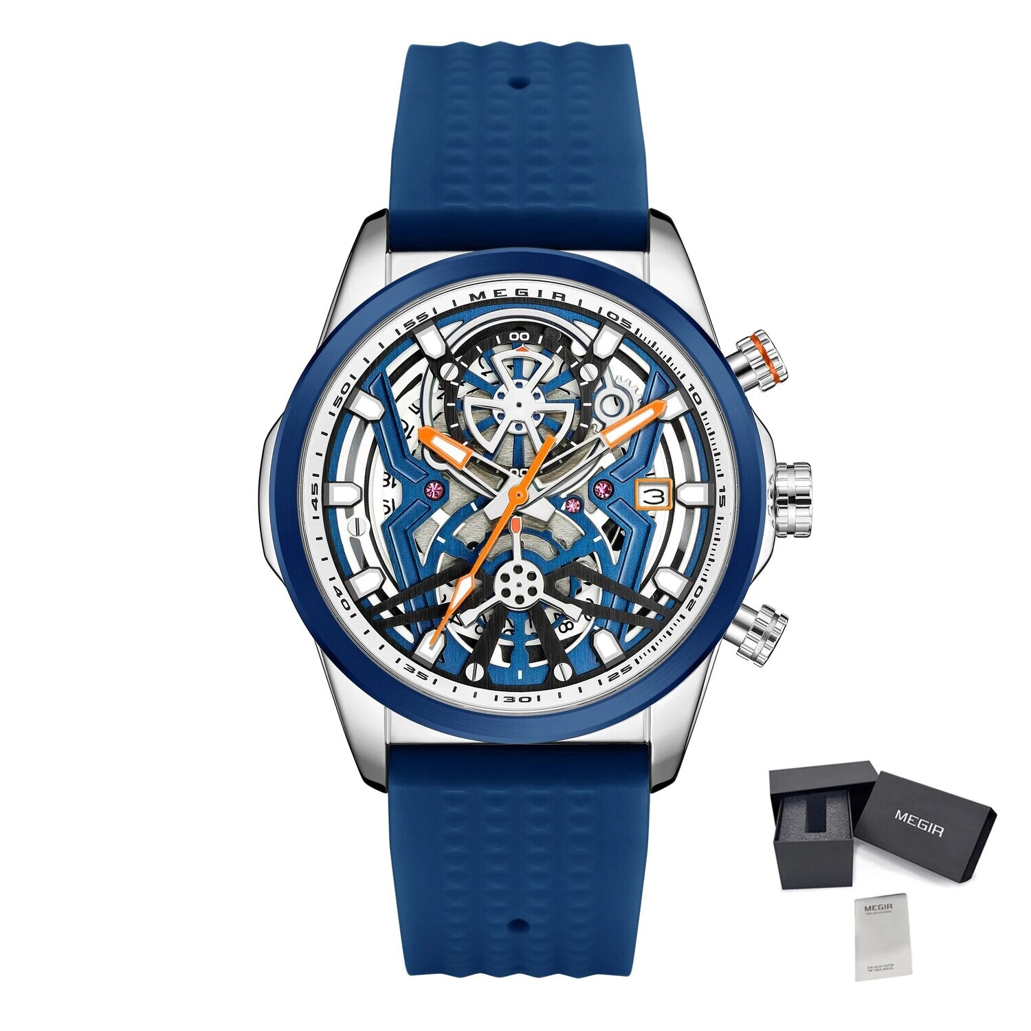 MEGIR Men's Watch Chronograph Fashion Quartz Wristwatch Waterproof Luminous Sports Military Watches Clock with Auto Date 2235, Color: Blue