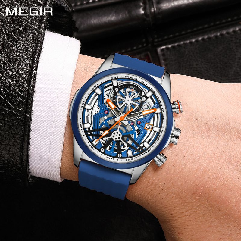 MEGIR Men's Watch Chronograph Fashion Quartz Wristwatch Waterproof Luminous Sports Military Watches Clock with Auto Date 2235
