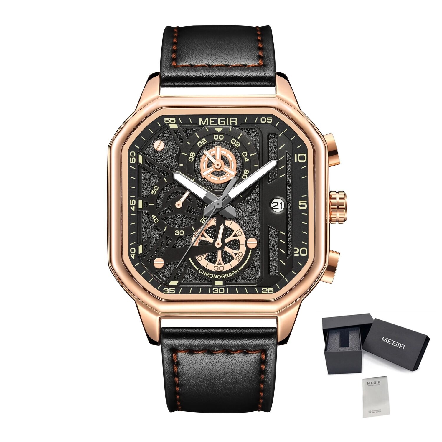 MEGIR Fashion Square Case Men's Sport Watch Quartz Chronograph Luminous Military Wristwatches Luminous Date Clock Reloj Hombre 8106, Color: Rose Black