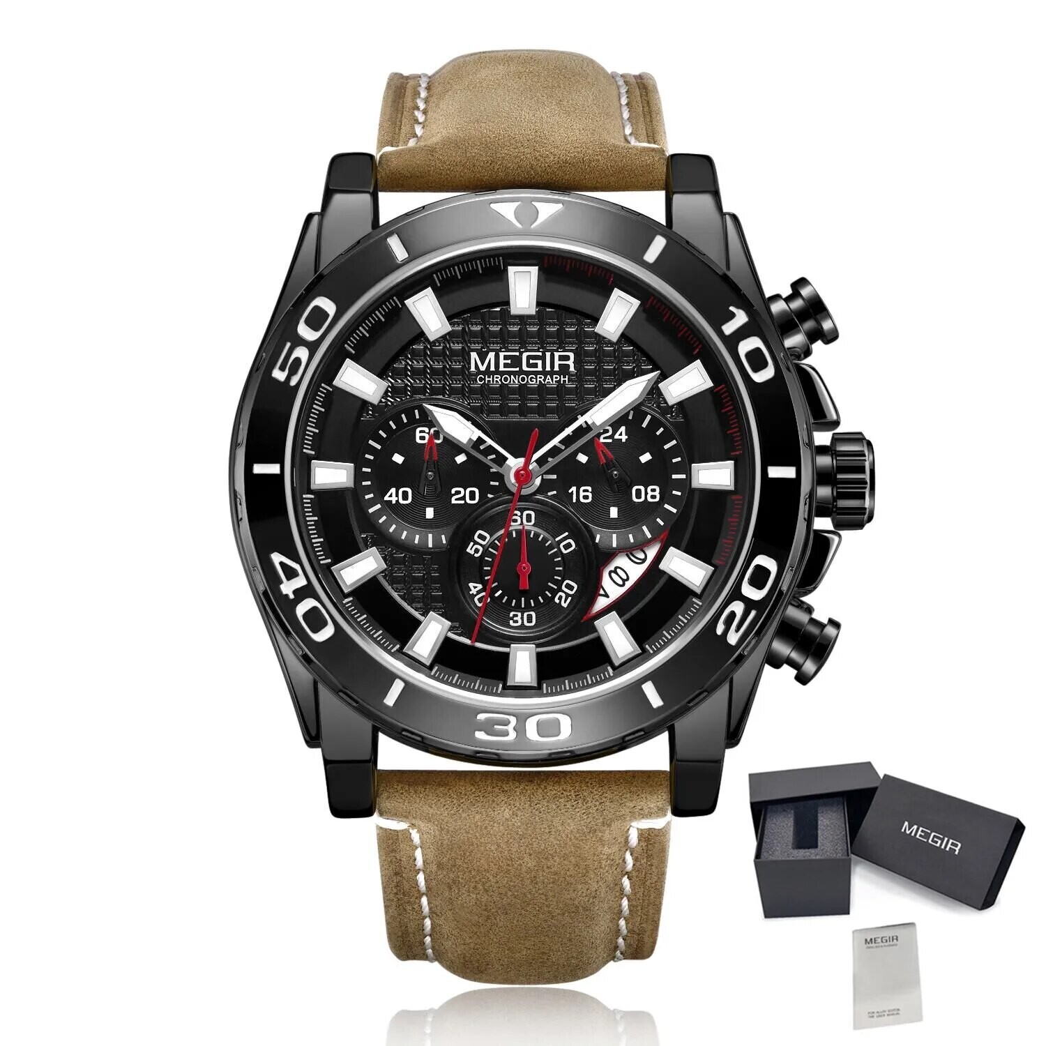 MEGIR Men Watches Brand Luxury Sports Quartz Chronograph Men's Army Military Wristwatch Leather Strap Male Clock Reloj Hombre 2094, Color: Black Brown