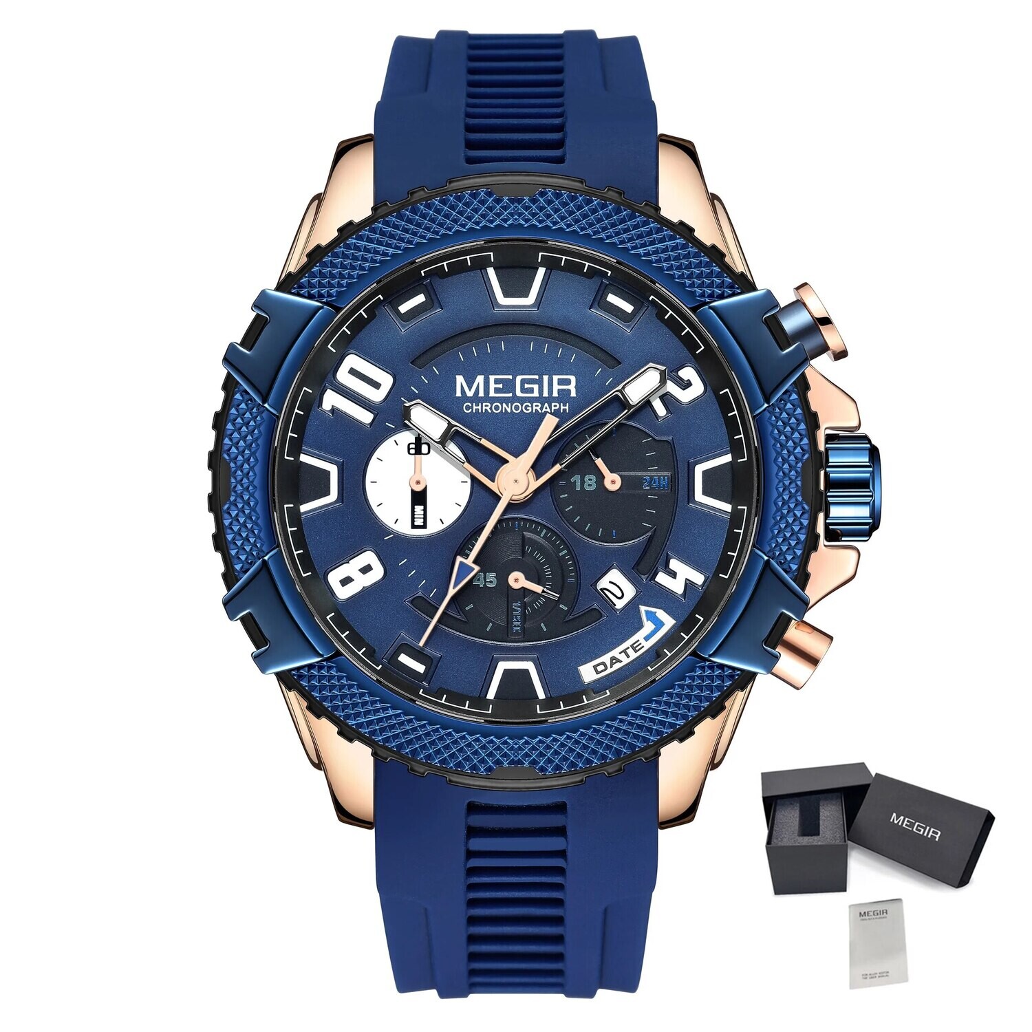 MEGIR Luxury Men's Watches Fashion Sport Quartz Watch Waterproof Date Chronograph Military Wristwatches Clock Reloj Hombre 2200, Color: Rose Blue