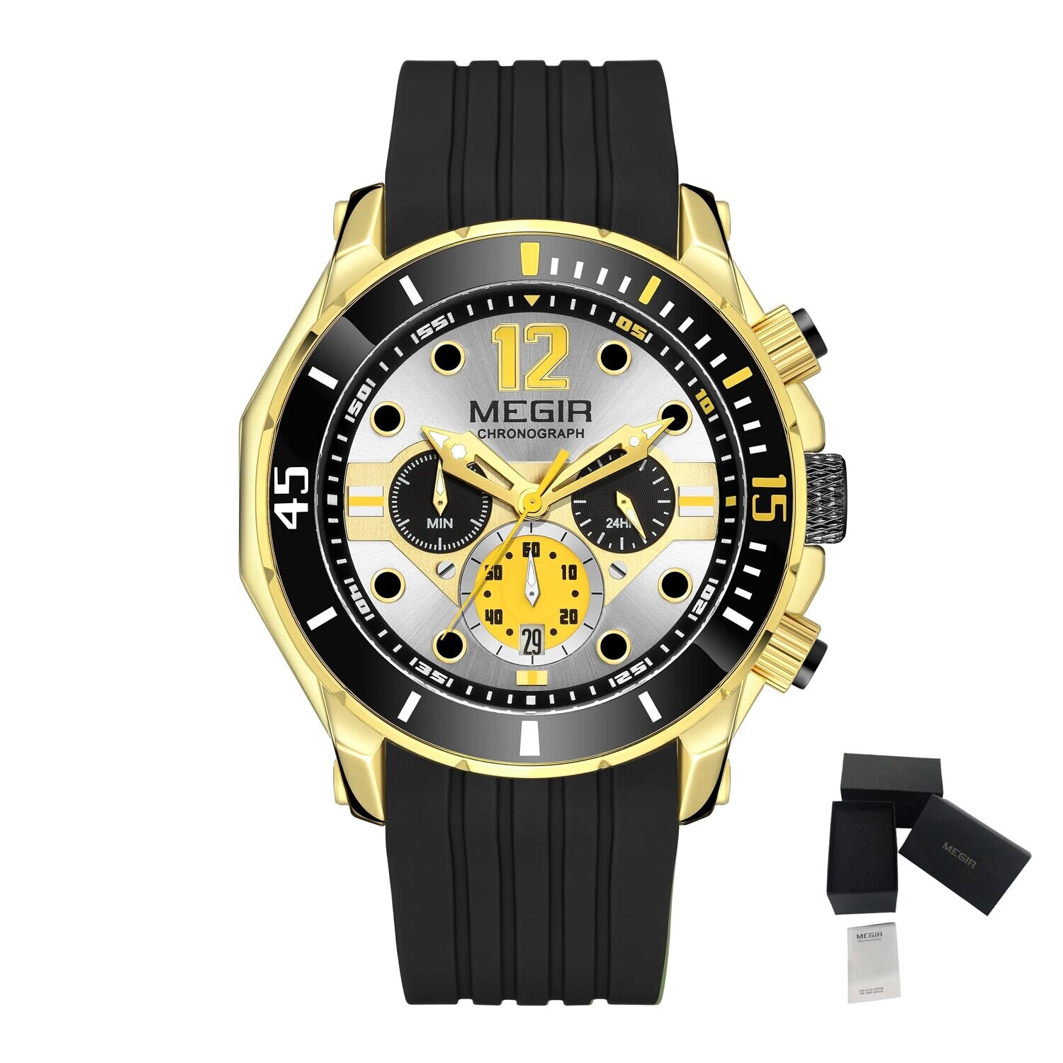 MEGIR Men's Sport Watches Chronograph Silicone Strap Waterproof Calendar Quartz Military Wristwatch Male Clock Relogio Masculino 2206, Color: Black Gold