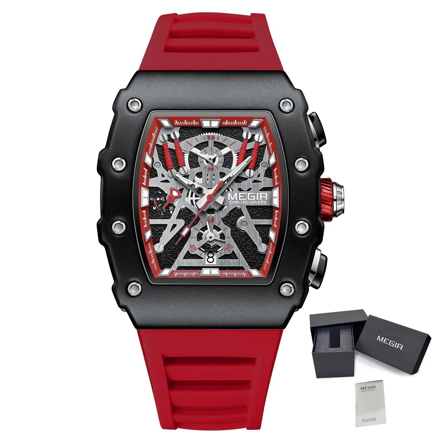 MEGIR Luxury Outdoor Sport Wristwatch for Men Silicone Waterproof Watches Quartz Military Watch Male Clock Chronograph 2218, Color: Red