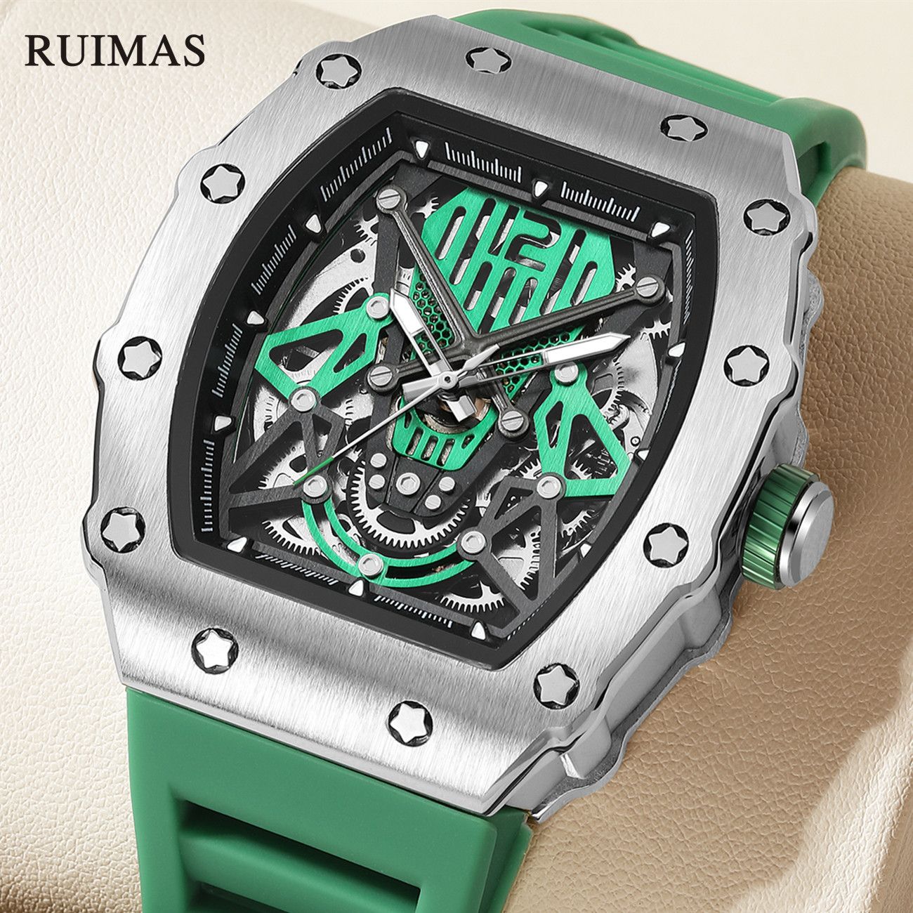 RUIMAS Luxury Watch Men Fashion Automatic Mechanical Watches Clock Silicone Strap Sport Casual Wristwatch Big Dial Reloj Hombre 341
