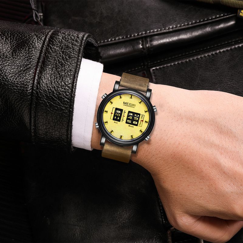MEGIR Roller Pointer Watches for Men Fashion Luxury Military Sport Watch Leather Strap Quartz Wristwatch Clock Relogio Mascilino 2137