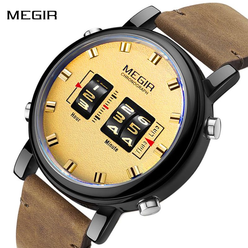 MEGIR Roller Pointer Watches for Men Fashion Luxury Military Sport Watch Leather Strap Quartz Wristwatch Clock Relogio Mascilino 2137