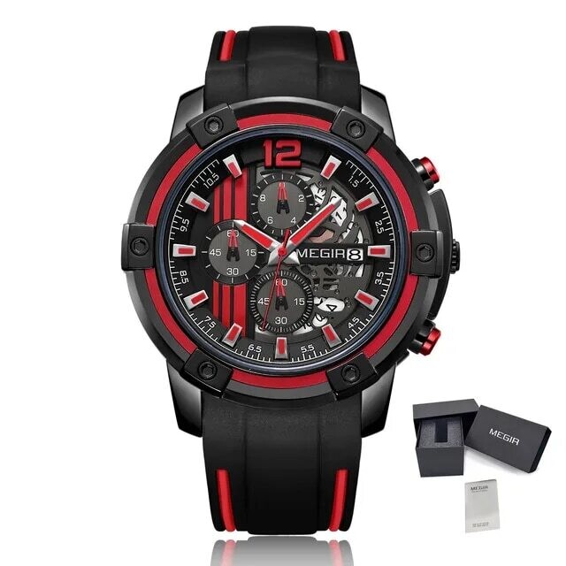 MEGIR Chronograph Mens Sport Watches with Silicone Band Big Dial Military Quartz Watch Men Clock Relogio Masculino Reloj Hombre 2097, Color: Red Black