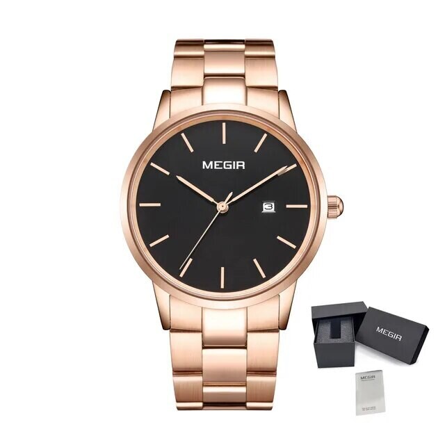MEGIR Quartz Watch for Men Top Brand Luxury Steel Band Wristwatches Business Casual Date Clock Waterproof Relogio Masculino 2164, Color: Black Rose