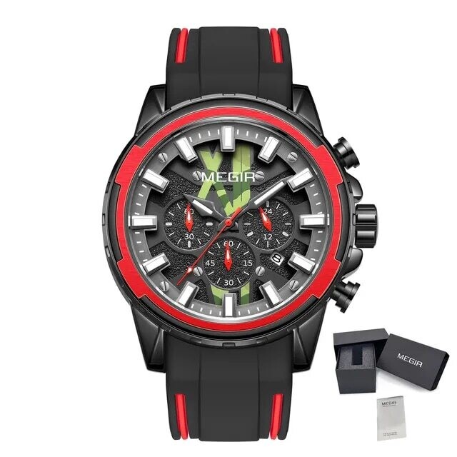 MEGIR New Sport Watch for Luxury Silicone Quartz Casual Wristwatch Waterproof Military Wrist Watch Man Clock Reloj Hombre 2133, Color: Red Black
