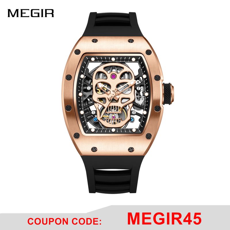 MEGIR Men Watches Skull Hollow Dial Face Mechanical Watch Steel Case Waterproof Sport Wristwatch Automatic Movement Clock 9190-7