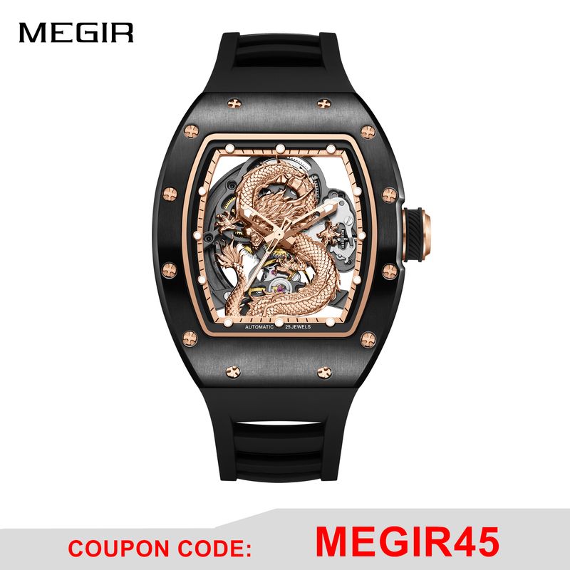 MEGIR Automatic Mechanical Skeleton Men Watch Luxury Stainless Steel Case Tonneau Dial Wristwatch Waterproof Sport Watches 9190-15
