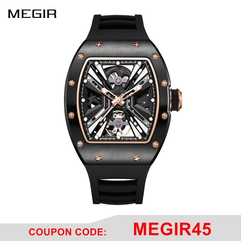 MEGIR Skeleton Dial Men's Watch Stainless Steel Case Automatic Mechanical Wristwatches 30M Waterproof Sports Watches Gift 9190-4