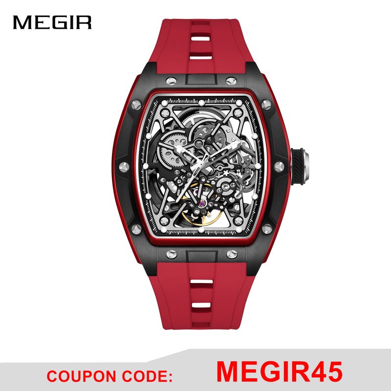 MEGIR Men's Mechanical Watch Fashion Hollow Out Automatic Movement Sport Wristwatches Waterproof Silicone Strap Watches 9198-3