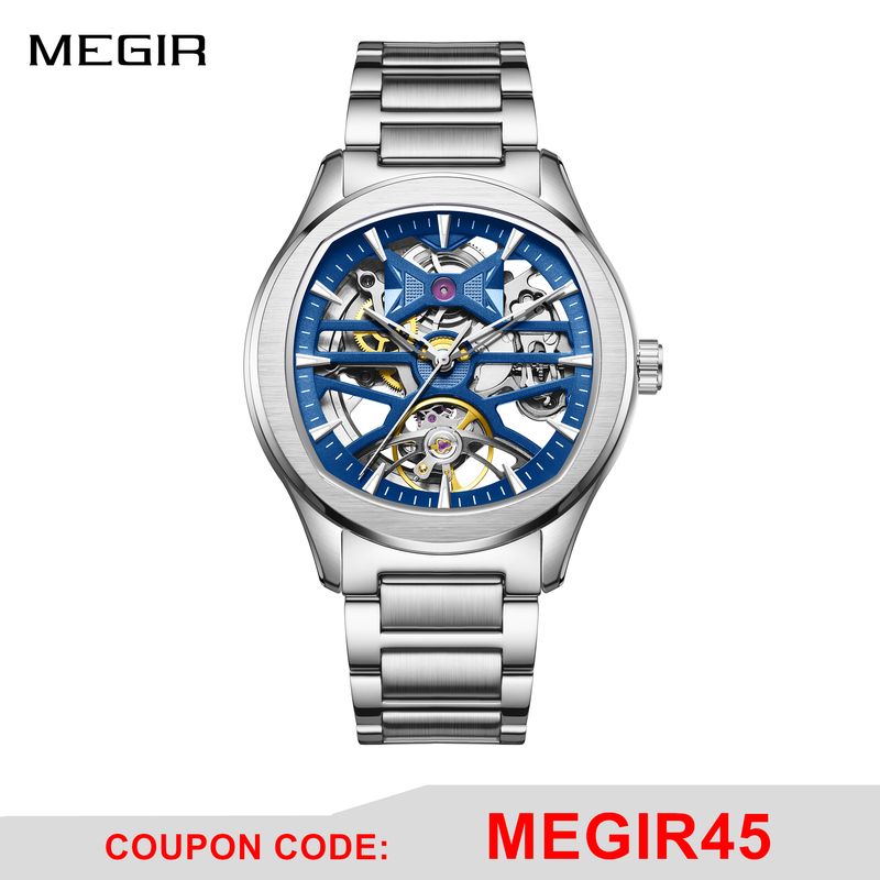 MEGIR Fashion Sport Watches for Men Skeleton Dial Automatic Mechanical Movement Wristwatch Waterproof Clock Reloj Hombre 9204-5