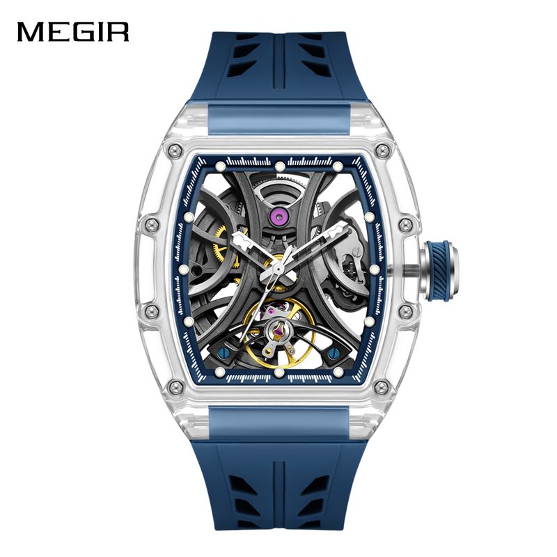MEGIR Automatic Sport Watch for Men Transparent 43MM Hollow Dial Mechanical Movment Wristwatch Waterproof Luminous Clock 9195-11