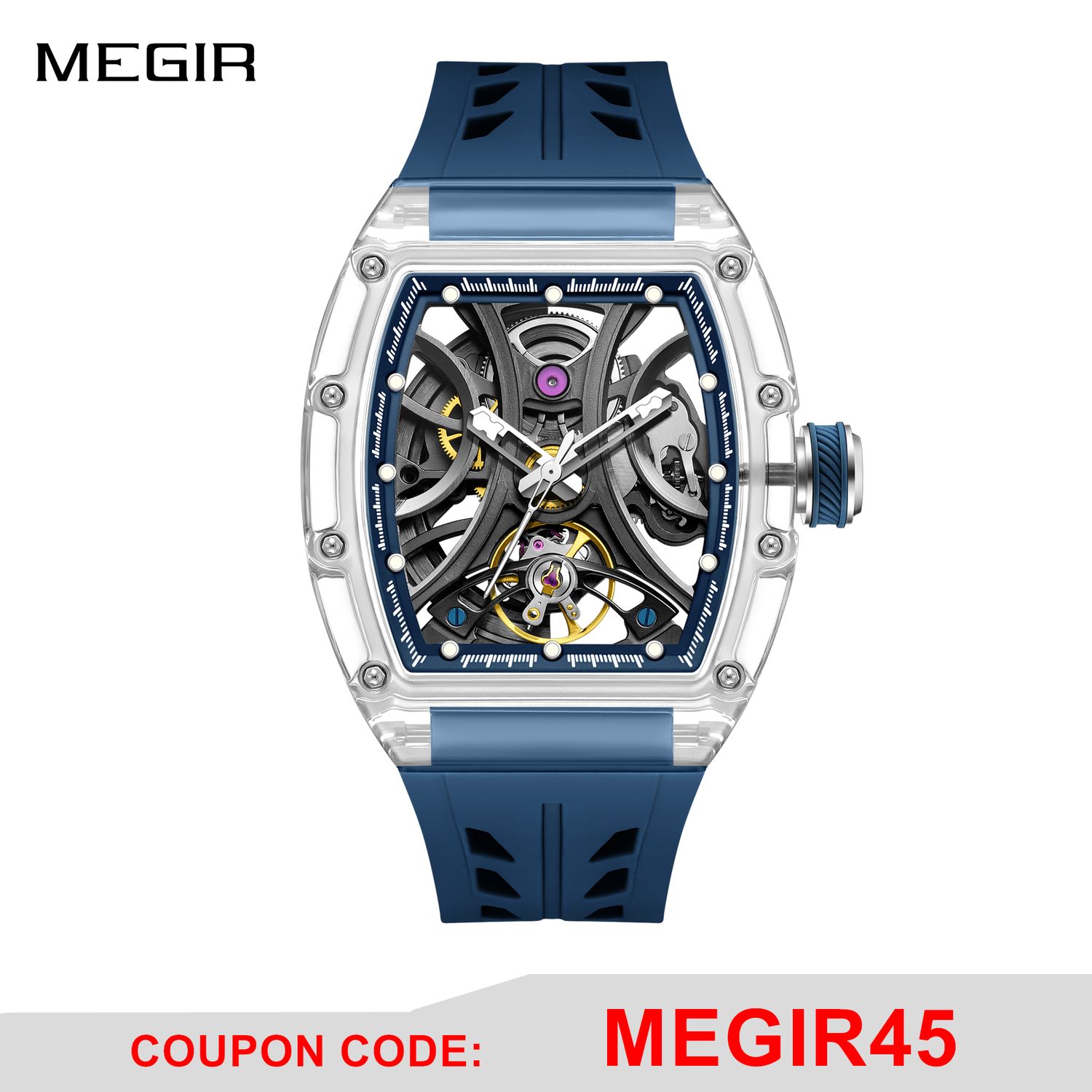 MEGIR Automatic Sport Watch for Men Transparent 43MM Hollow Dial Mechanical Movment Wristwatch Waterproof Luminous Clock 9195-11