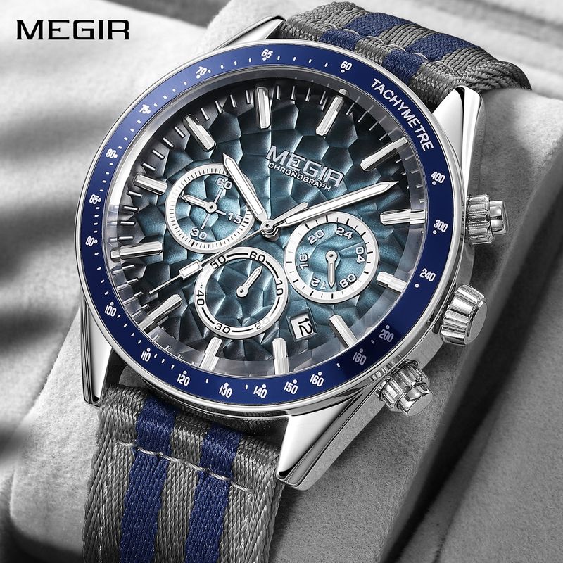 MEGIR Men's Sport Chronograph Watch, Outdoor Casual Quartz Wristwatch, 3ATM Water Resistance, Striped Canvas Band, Date Display 8121