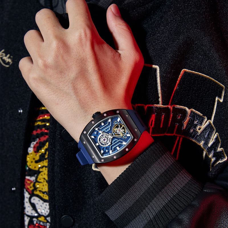 MEGIR Automatic Mechanical Watches for Men Waterproof Tonneau Skeleton Dial Sport Wristwatch Clock Steel Case Silicone 9190-28