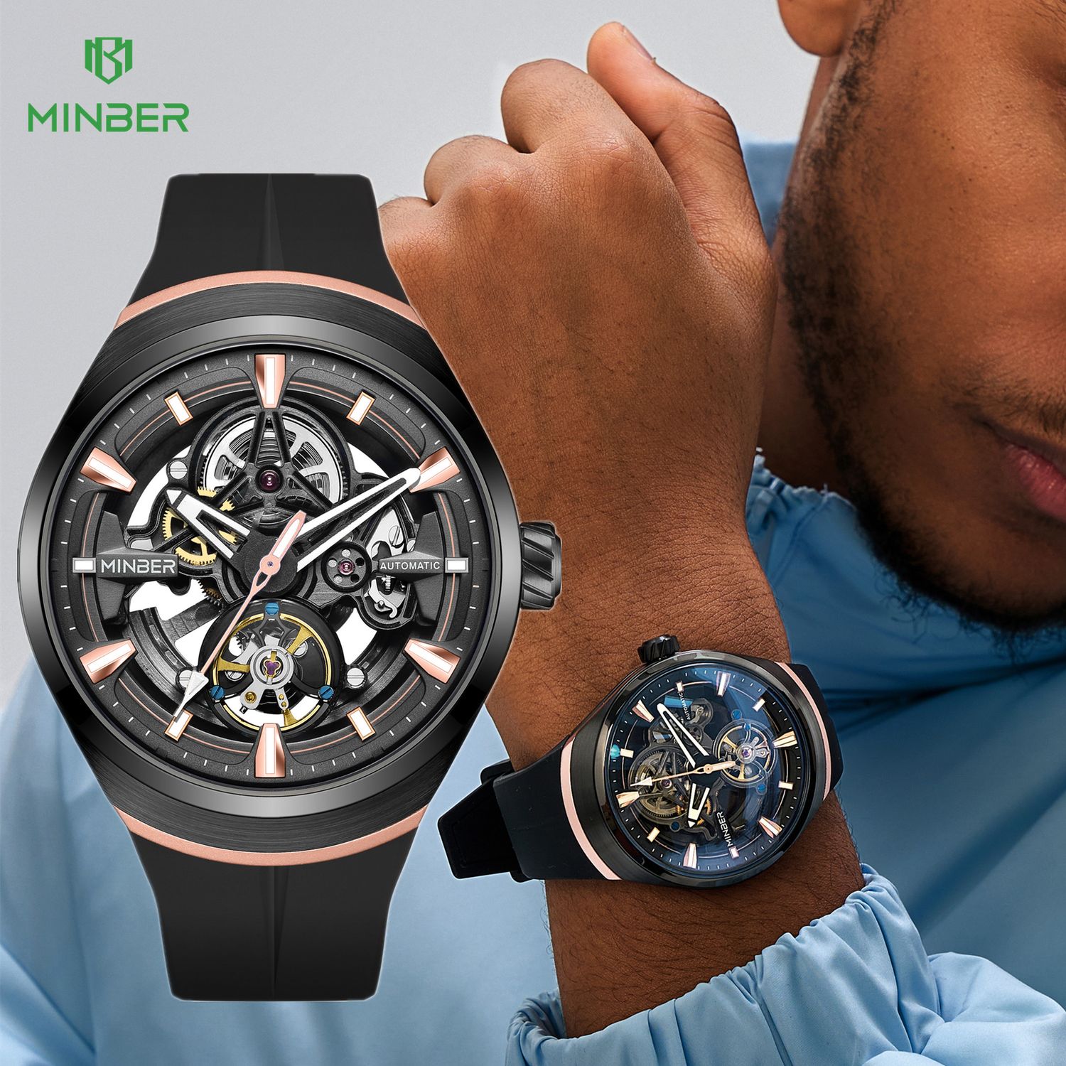 MINBER Skeleton Dial Mechanical Watches for Men Luxury Automatic Movement Sports Wristwatches Waterproof Reloj Hombre 6004G-3