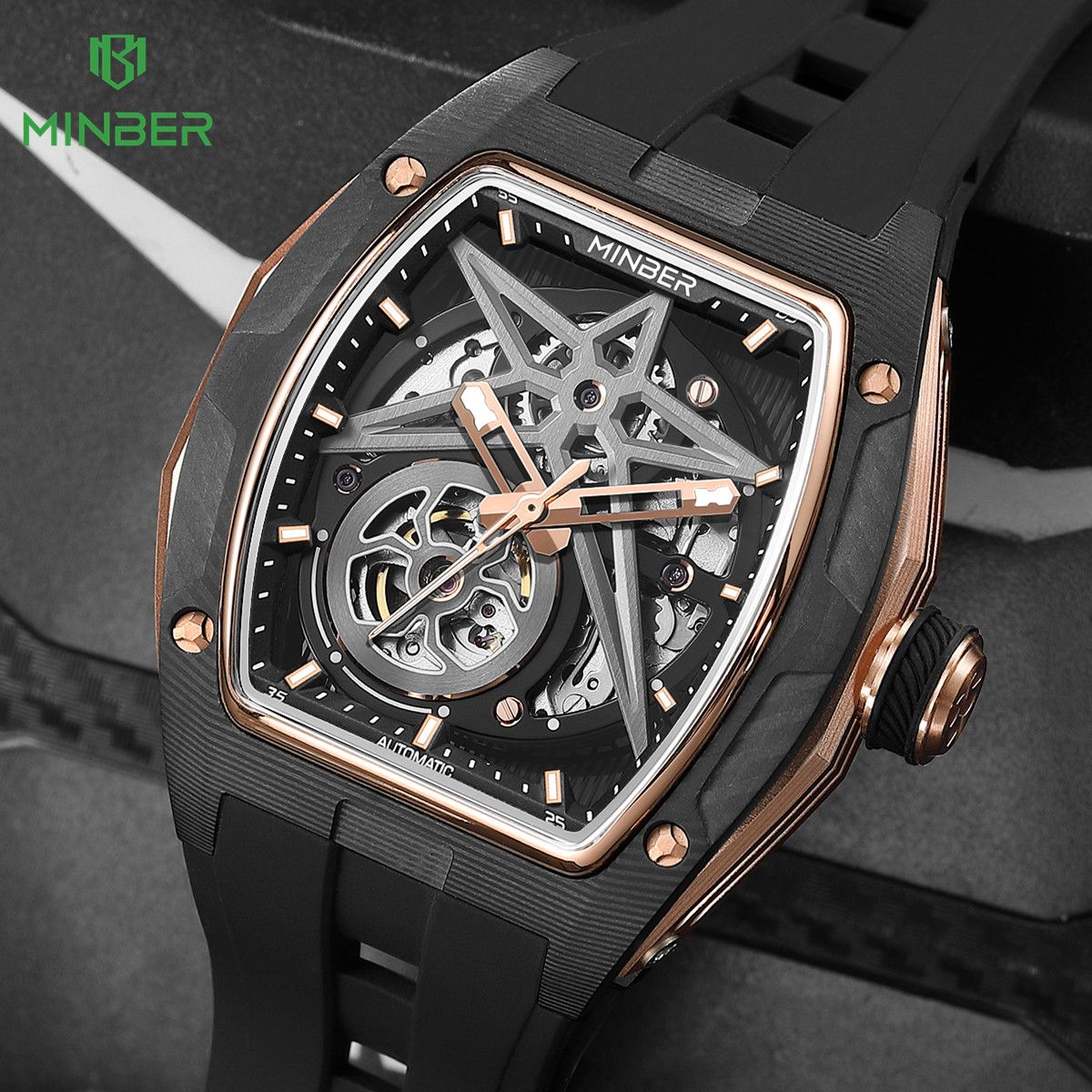 MINBER Luxury Brand Men Sport Watches Waterproof Automatic Mechanical Watch Hollow Design Man Wristwatch Clock Reloj Hombre 9108