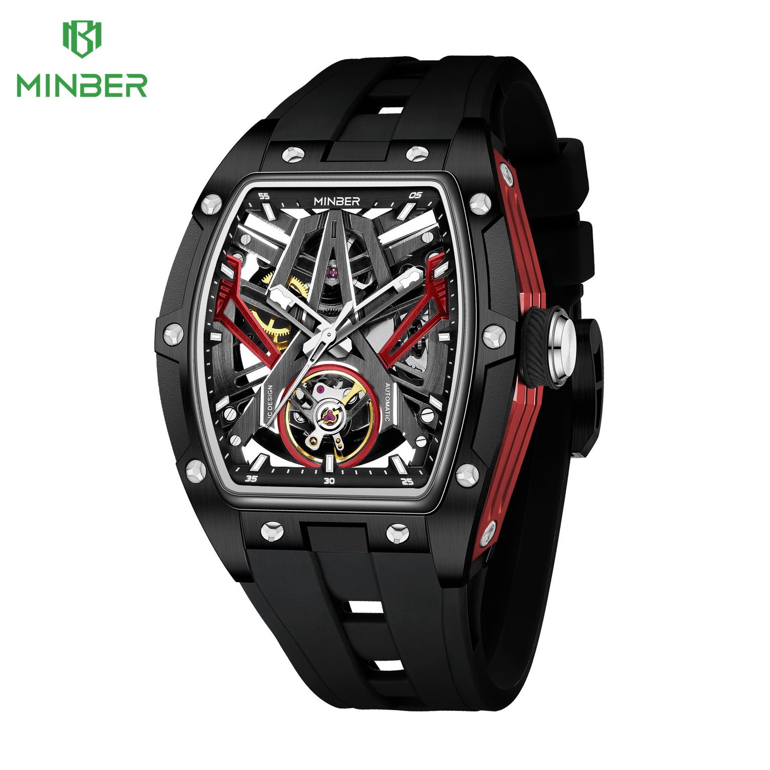 MINBER Fashion Mechanical Watch for Men Stainless Steel Hollow Out Automatic Watches Clock Waterproof Wristwatch Gifts 9191G-1