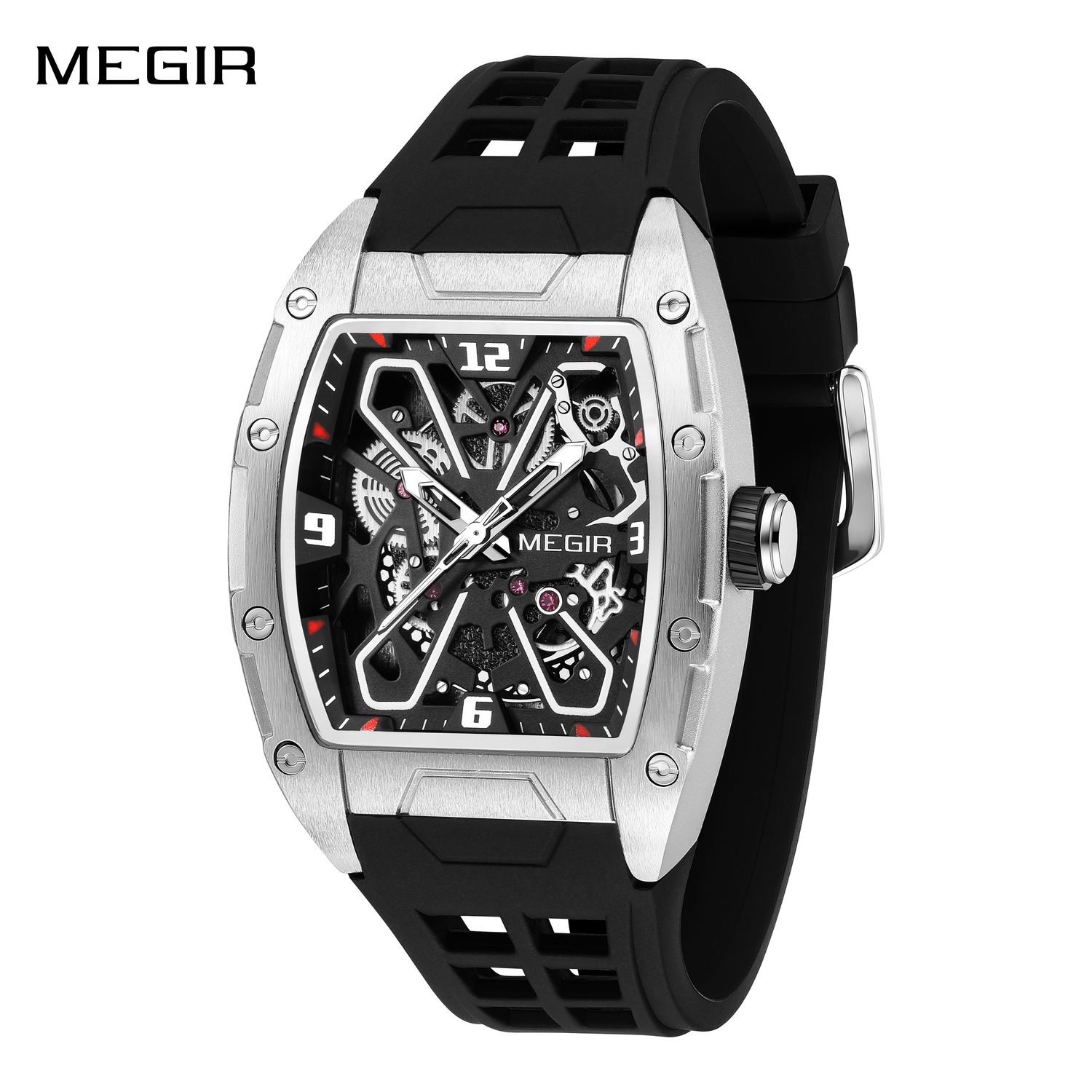 MEGIR Men's Quartz Watch Tonneau Hollow Dial Silicone Strap Sport Wristwatch 3ATM Waterproof Male Clock Reloj Hombre 8125