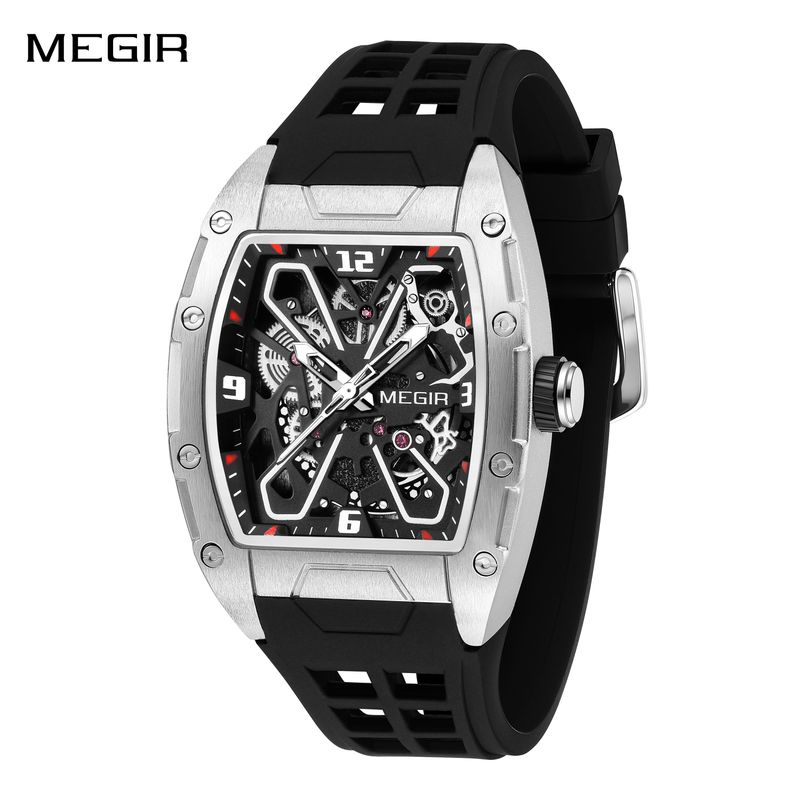MEGIR Men's Quartz Watch Tonneau Hollow Dial Silicone Strap Sport Wristwatch 3ATM Waterproof Male Clock Reloj Hombre 8125