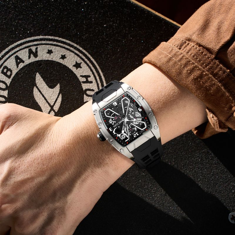MEGIR Men's Quartz Watch Tonneau Hollow Dial Silicone Strap Sport Wristwatch 3ATM Waterproof Male Clock Reloj Hombre 8125