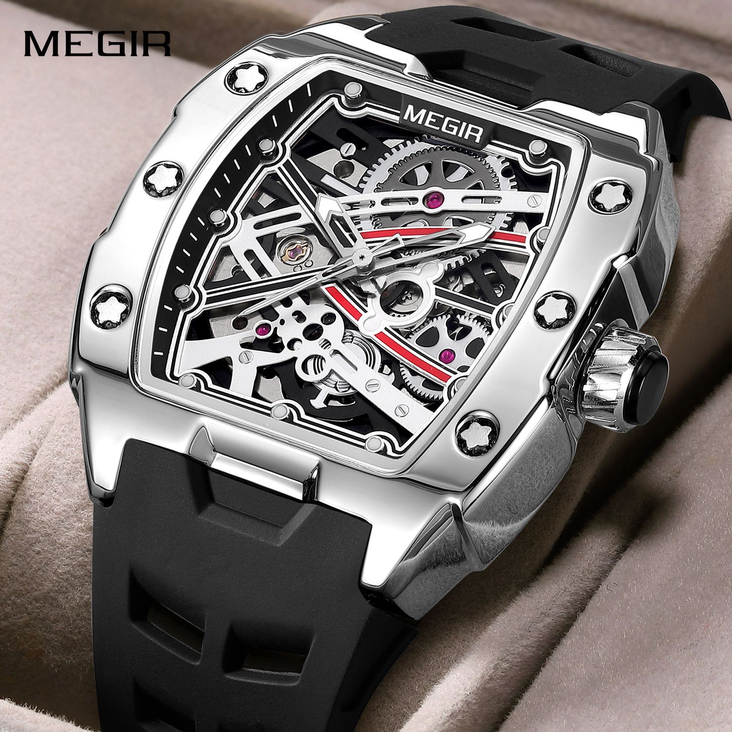 MEGIR Luxury Men's Automatic Mechanical Watch Skeleton Dial Waterproof Luminous Sport Casual Wrist Watches Clock Silicone Strap Reloj Hombre 8609