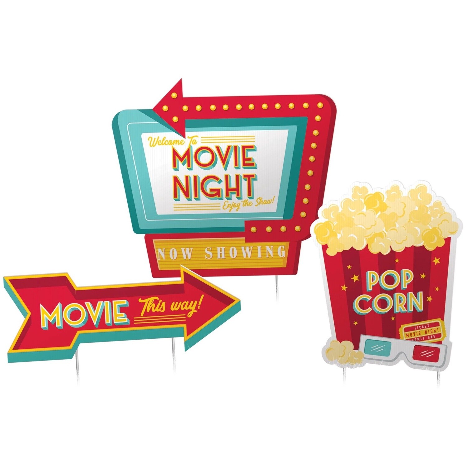 Movie Night Corrugated Plastic Yard Sign Set, 3pc