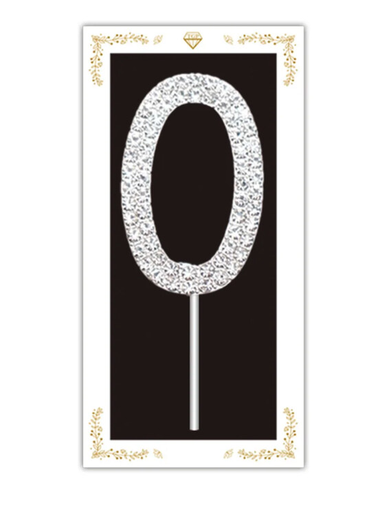 Rhinestone Cake Topper  w/stick 1x1.6&quot; SILVER, NUMBERS: 0