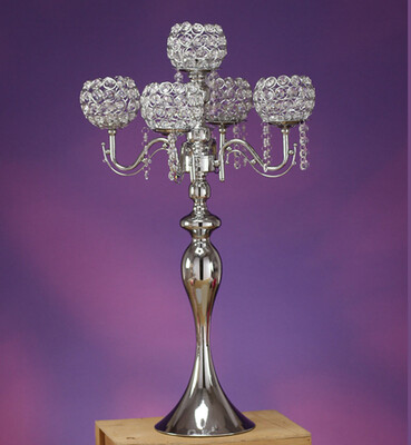 5 ARM METAL CANDELABRA W CRYSTAL 28” x 16”