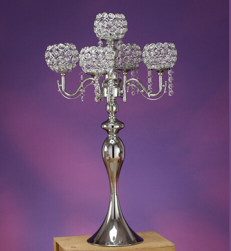 5 ARM METAL CANDELABRA W CRYSTAL 28” x 16”