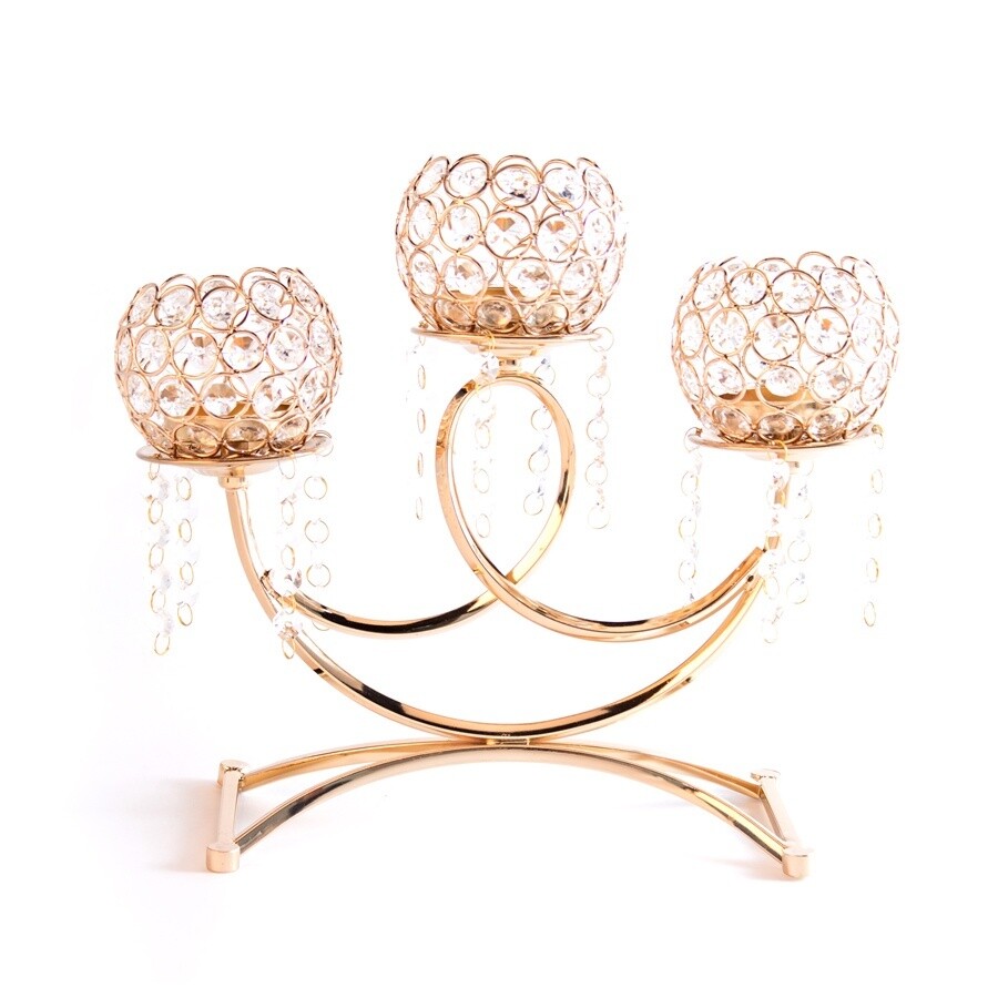 14&quot;H x 14.5&quot; 3 ARM CRYSTAL CANDLE HOLDER, 1 PC/BOX, Color: GOLD