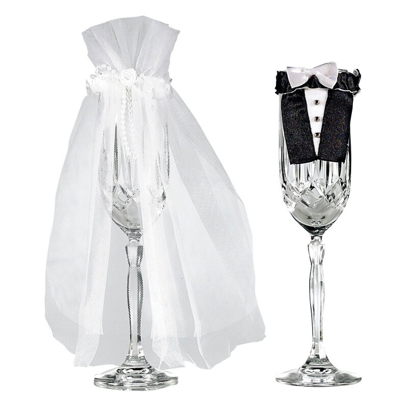 Bride &amp; Groom Wedding Champagne Flute Covers 2pc