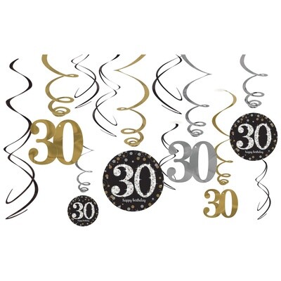 30th Birthday Swirl Decorations 12ct - Sparkling Celebration