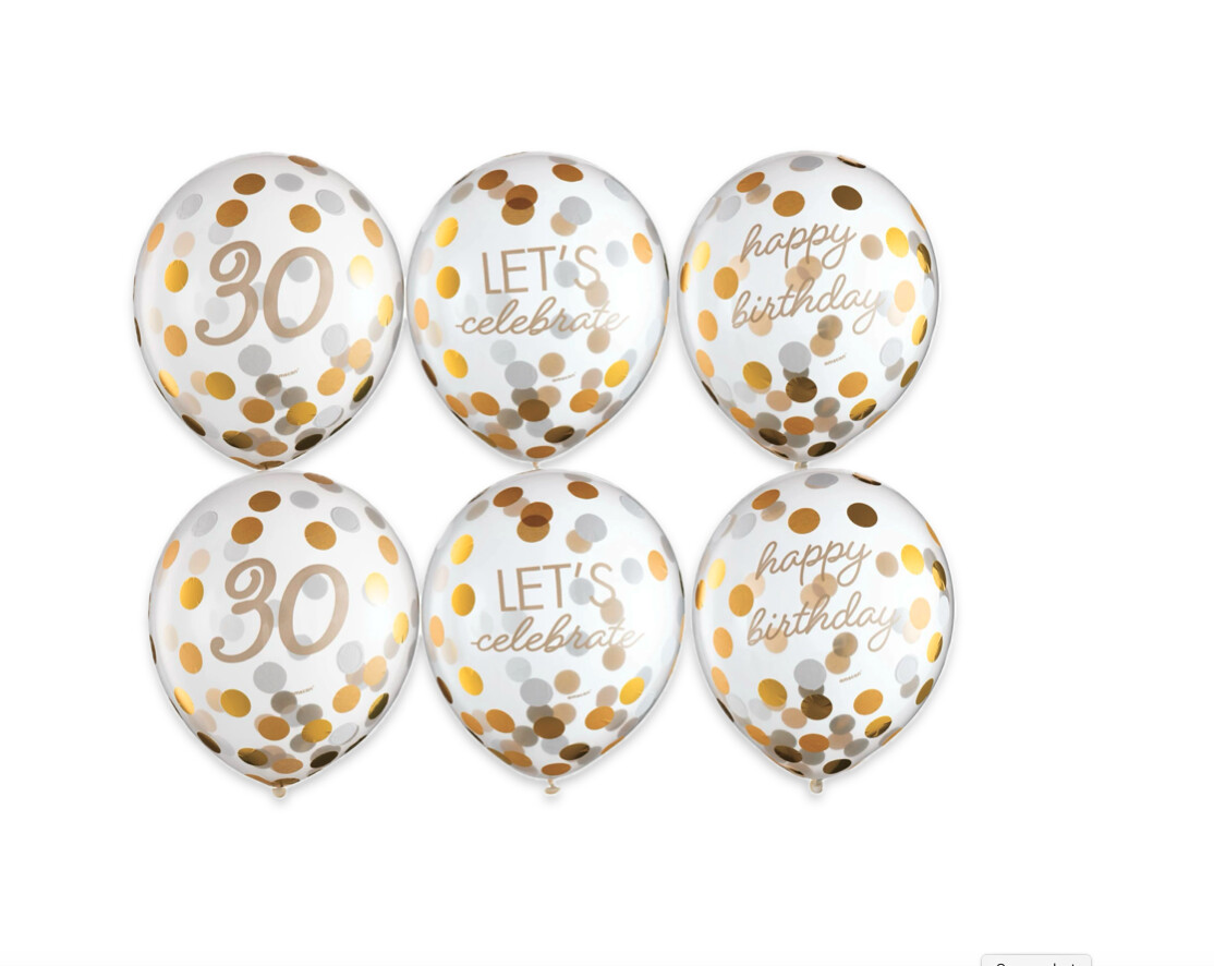 6ct, 12in, Metallic Golden Age 30th Birthday Latex Confetti Balloons  6CT