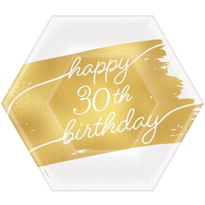 Metallic Golden Age Happy 30th Birthday Hexagonal Paper Dessert Plate, 7in, 8ct