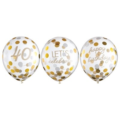 6ct, 12in, Metallic Golden Age 40th Birthday Latex Confetti Balloons