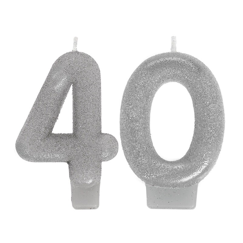 Glitter Silver Number 40 Birthday Candles 2ct