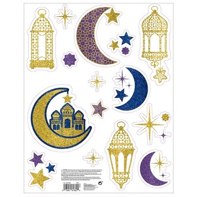 Glitter Crescent Moon &amp; Mosque Eid Cling Decals 15ct