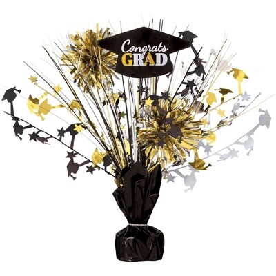 Black, Silver, &amp; Gold Congrats Grad Tinsel Burst Spray Centerpiece, 9in